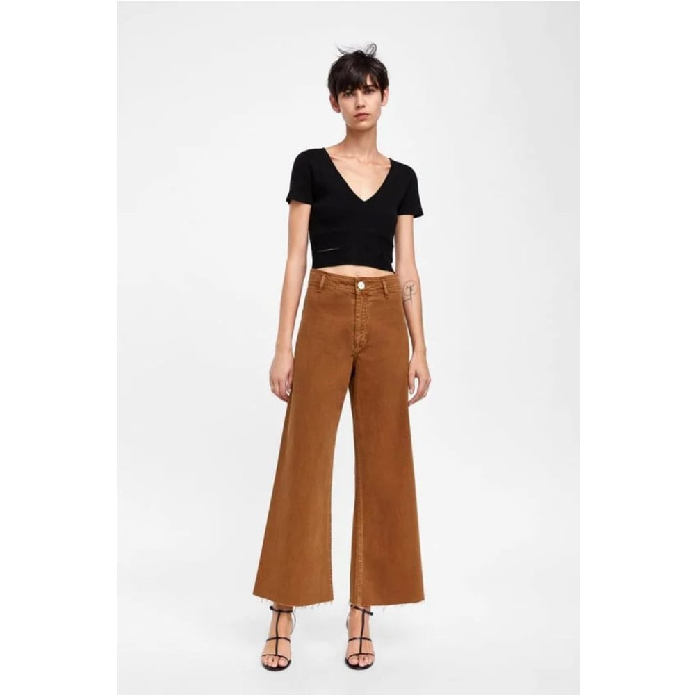 ZARA Zw Premium Marine Straight Wide Leg Jeans Tan Brown Size 28 US 6